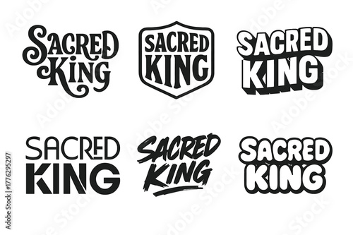 Sacred King Lettering. Sacred King. Set lettering. harmonious lettering variations of the same emblematic concept (Whimsical curly type with flourishes, Retro