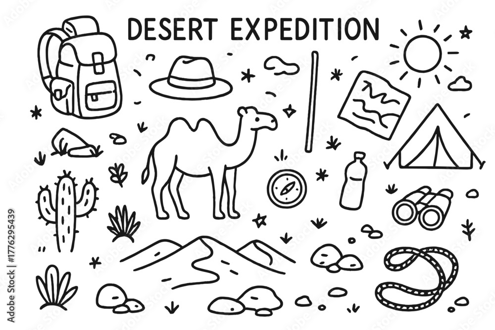 Fototapeta premium Desert Expedition Icons. Desert Expedition. Hand-drawn doodle illustration Desert Expedition backpack, hat, walking stick, map, compass, tent, water bottle,