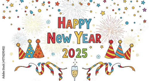 Celebrate the new year 2025 with festive fireworks and party hats, ready for social media greetings and vibrant holiday marketing campaigns
