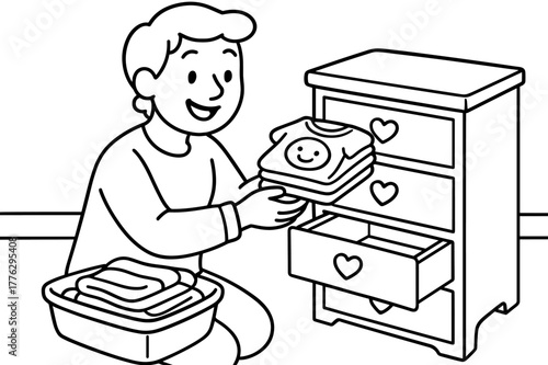 Coloring Book Dresser Scene. Organizing baby dresser children?s coloring book illustration, outlined drawing, a cheerful parent placing folded baby clothes