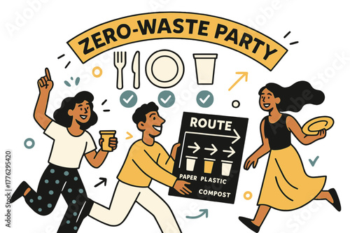 Zero-Waste Event Scene. Food service & events. Compostable cutlery, plates, and cups line up with green checks; ?Zero-waste party? banner arcs. A station map