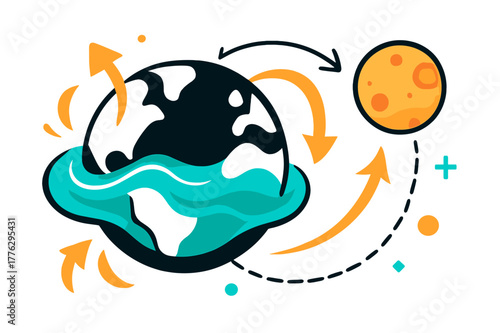 Earth-Moon Tidal Dynamics. Tidal forces. A stylized Earth and Moon with glowing water waves and stretching
