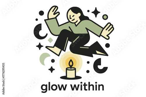 Flickering Candle Glow. Candlelight. A small candle?s flame flickers softly against geometric darkness, light waves forming gentle halos. Caption reads ?glow