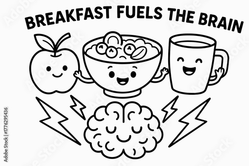 Oatmeal Brain Power. Breakfast fuels the brain children?s coloring book illustration, outlined drawing, a cheerful bowl of oatmeal, fruit, and a milk cup