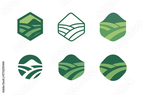 Asian Rice Terrace Logos. Asia. Set Logo of Asia: Rice terraces landscape. Icon set. harmonious logo variations of the same emblematic concept, each with