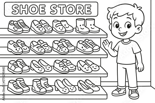 Smiling Shoes Coloring Page. Shoe store children?s coloring book illustration, outlined drawing, cartoon shop