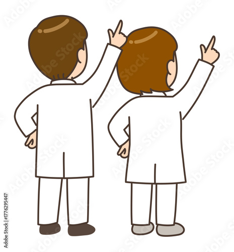 腰に手を当てて斜め上を指さす後姿の男女の医師