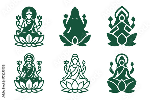 Mystical Deity Logos. Ancient gods and goddesses in a mystical landscape. Set Logo of Ancient gods and goddesses in a mystical landscape: Lakshmi lotus. Icon