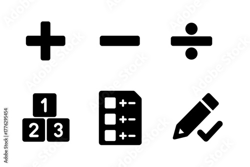 Arithmetic Icons Set. Arithmetic practice. Filled icon set of arithmetic practice: addition sign, subtraction