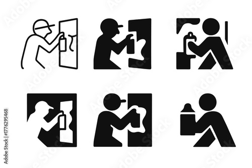 Street Art Logo Variations. Street artist working on artwork. Set Logo of Street artist working on artwork: spray can and mural wall. Icon set. harmonious logo