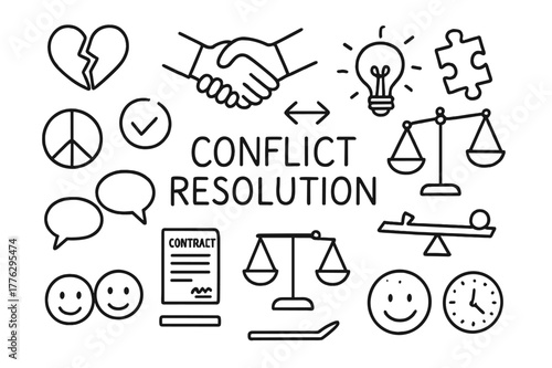 Conflict Resolution Doodles. Conflict resolution. Hand-drawn doodle illustration conflict resolution broken heart, handshake, light bulb, puzzle piece, arrows