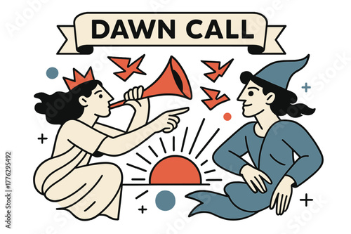 Dawn Call Illustration. Sky gods ? Sunrise herald. A horn sends rays across the horizon; birds become triangle notes in the air. Banner reads ?DAWN CALL?.