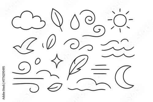 Calm Airy Doodles. Calm and airy. Hand-drawn doodle illustration Calm and airy cloud, leaf, droplet, swirl, sun, breeze, wave, bird, sparkle, petal, wind line,