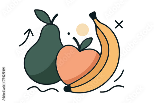 Geometric Fruit Harmony. Minimal fruit still life. Geometric pear, apple, and banana arranged in perfect