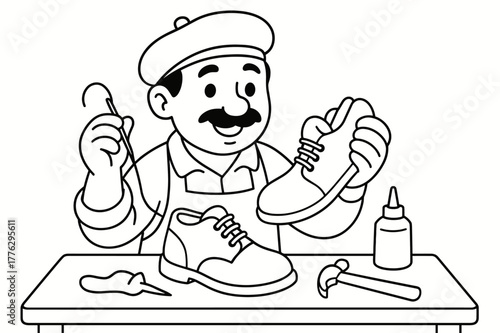 Cobbler's Shoe Workshop. Shoe maker children?s coloring book illustration, outlined drawing, friendly cobbler