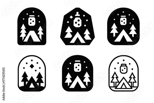 Fireflies Logo Variations. Catching fireflies. Set Logo of catching fireflies: campsite scene with glowing swarm. Icon set. harmonious logo variations of the