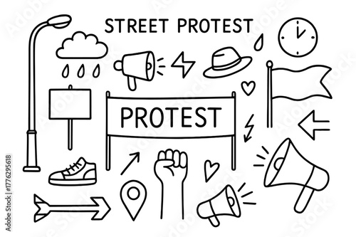 Protest Symbols Doodle. Street protest. Hand-drawn doodle illustration Street protest streetlight, signboard, megaphone, shoes, cloud, raindrop, banner, hat,