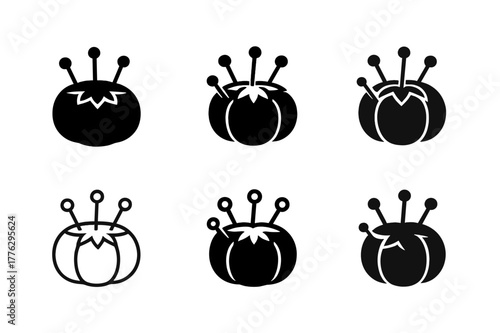 Sewing Logo Variations. Sewing and quilting projects. Set Logo of Sewing and quilting projects: tomato pincushion with pins. Icon set. harmonious