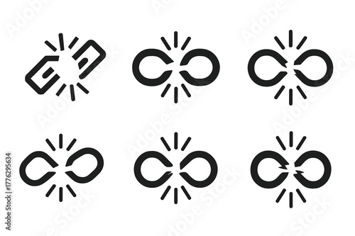 Supply Chain Logos. Supply chain loss. Set Logo of Supply chain loss: severed link in chain. harmonious logo variations of the same emblematic concept, each