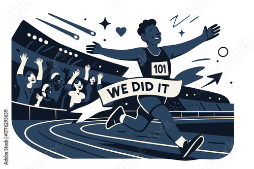 Victory Celebration. Victory lap. A runner coasts past the stands with arms wide; ?We did it? loops on a ribbon. Track lights streak as the crowd erupts in