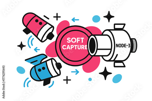 Space Docking Harmony. Docking Node (NODE-). Two capsules approach with gentle thruster arcs; a bold ring lights ?SOFT CAPTURE?. Alignment arrows and stars