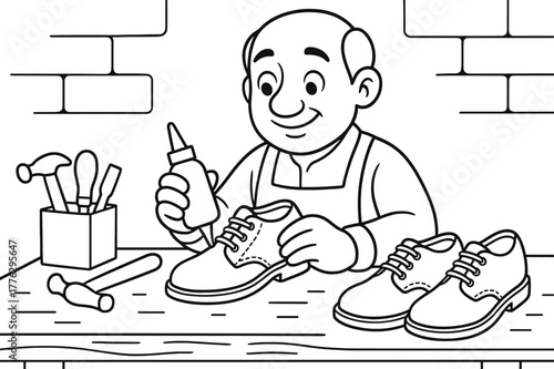 Cobbler Coloring Fun. Shoe maker children?s coloring book illustration, outlined drawing, friendly cobbler