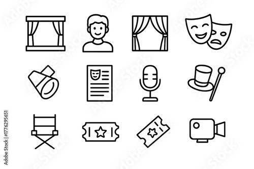 Theater Icons Collection. Theater event. Line outline icon set of theater event: stage, actor, curtain, mask,