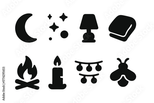 Nighttime Ambiance Icons. Nighttime ambiance. Filled icon set of nighttime ambiance: moon icon, starry sky,