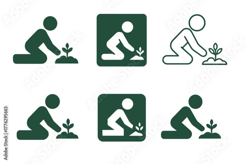Weed Pulling Logos. Pulling weeds. Set Logo of Pulling weeds: kneeling pad beside pulled weed pile. Icon set. harmonious logo variations of the same emblematic