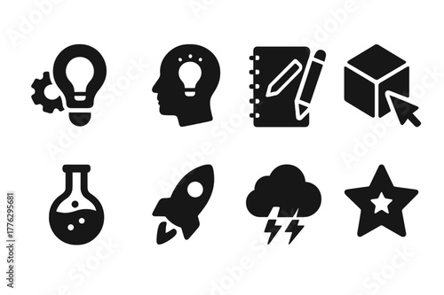 Innovation Icon Set. Innovation and ideas. Filled icon set of innovation and ideas: lightbulb gear, creative