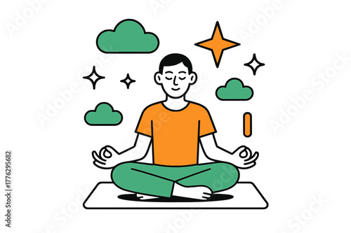 Mindful Meditation Scene. Meditation moment. A figure sitting on a mat with closed eyes, floating abstract