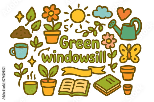 Green Windowsill Doodles. Green windowsill. Hand-drawn doodle illustration of green windowsill. Plant, potted