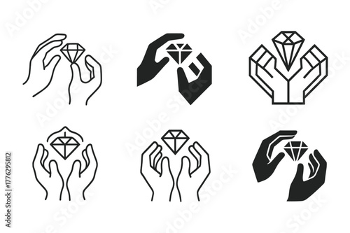 Artisan Jewel Logos. Artisan craftsmanship. Set Logo of Artisan craftsmanship: jeweler?s hands shaping gem. harmonious logo variations of the same emblematic