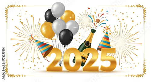 Celebrate 2025 with festive balloons, party hats, and popping champagne for a bright and joyful New Year celebration everyone will remember fondly