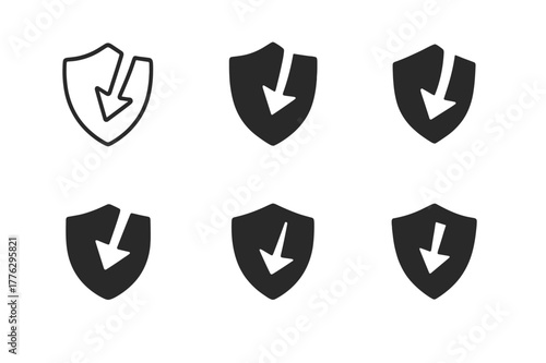 Risk of Loss Logos. Risk of loss. Set Logo of Risk of loss: broken shield with downward arrow. harmonious logo variations of the same emblematic concept, each