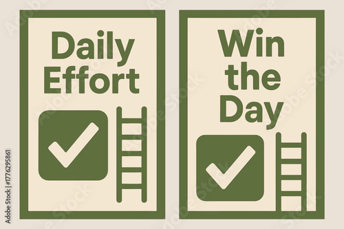 Geometric Motivational Banners. Daily effort. Two vertical A6 banners with safe margins, centered composition, no elements touching edges, geometric, olive