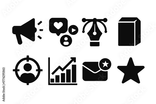 Marketing Icons Set. Marketing and branding. Filled icon set of marketing and branding: megaphone, social