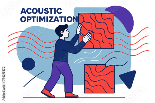 Acoustic Panel Adjustment. Acoustic Optimization. A person adjusts wall panels shaped like geometric waves;