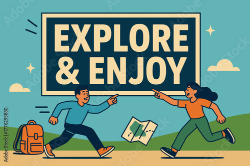 Explore Adventure Banner. Explore and enjoy banner, flat vector illustration, bold oversized text inside rectangular frame, cartoon characters running and