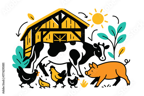 Pastoral Farm Harmony. A barn with chickens and other farm animals roaming freely. A rustic barn with glowing