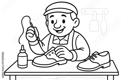 Cobbler Coloring Page. Shoe maker children?s coloring book illustration, outlined drawing, friendly cobbler