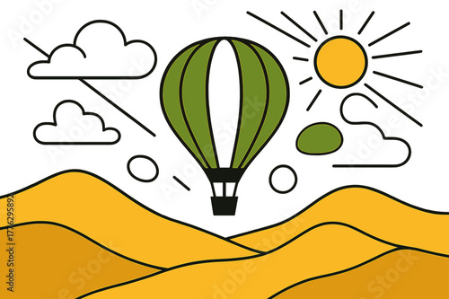 Desert Balloon Journey. Peaceful journey. Hot air balloon gliding over undulating desert landscape, floating