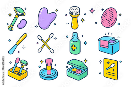 Colorful Skincare Tools Icons. Clean skincare tools. Colorful isometric vector icons set of Clean skincare tools: facial roller, gua sha stone, cleansing
