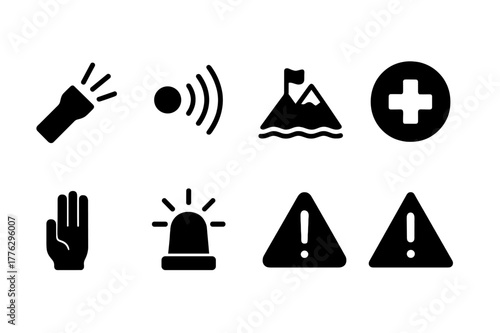 Emergency Signaling Icons. Emergency signaling. Filled icon set of emergency signaling: flashlight beam, SOS