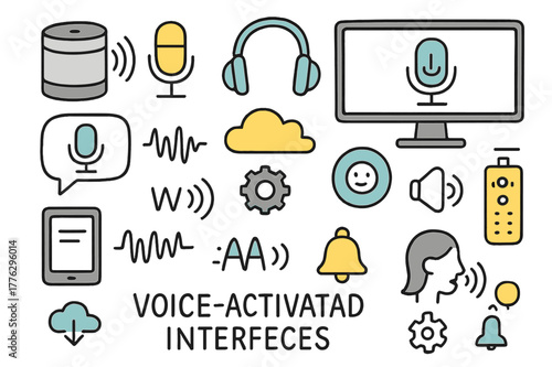 Voice-Activated Tech Icons. Voice-Activated Interfaces. Hand-drawn doodle illustration smart speaker (colored), microphone (colored), headphones (colored),