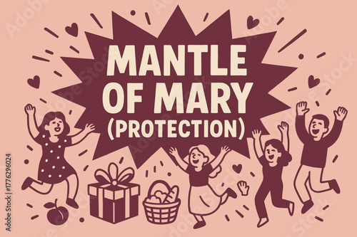 Mantle of Mary Celebration. Mantle of Mary (Protection) banner, flat vector illustration, bold oversized text inside splash explosion, cartoon characters