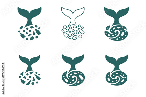 Whale Tail Logos. Pollution and wildlife. Set Logo of Pollution and wildlife: whale tail above microplastics swirl. Icon set. harmonious logo variations of the