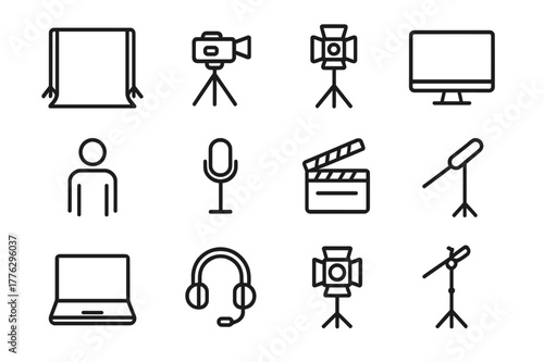 Chroma Key Icon Set. Chroma key setup. Line outline icon set of chroma key setup: green screen, camera, tripod