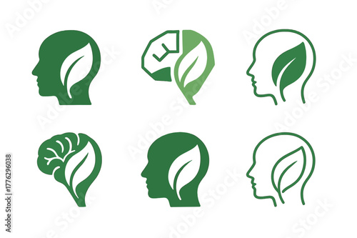 Nature Therapy Logos. Nature-based therapies for mental health. Set Logo of Nature-based therapies for mental health: leaf merging into a human brain shape.