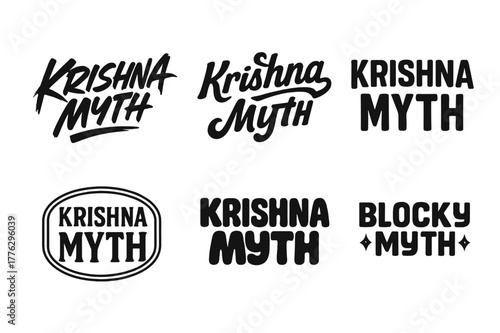 Krishna Emblematic Lettering. Krishna Myth. Set lettering. harmonious lettering variations of the same emblematic concept, each with different artistic